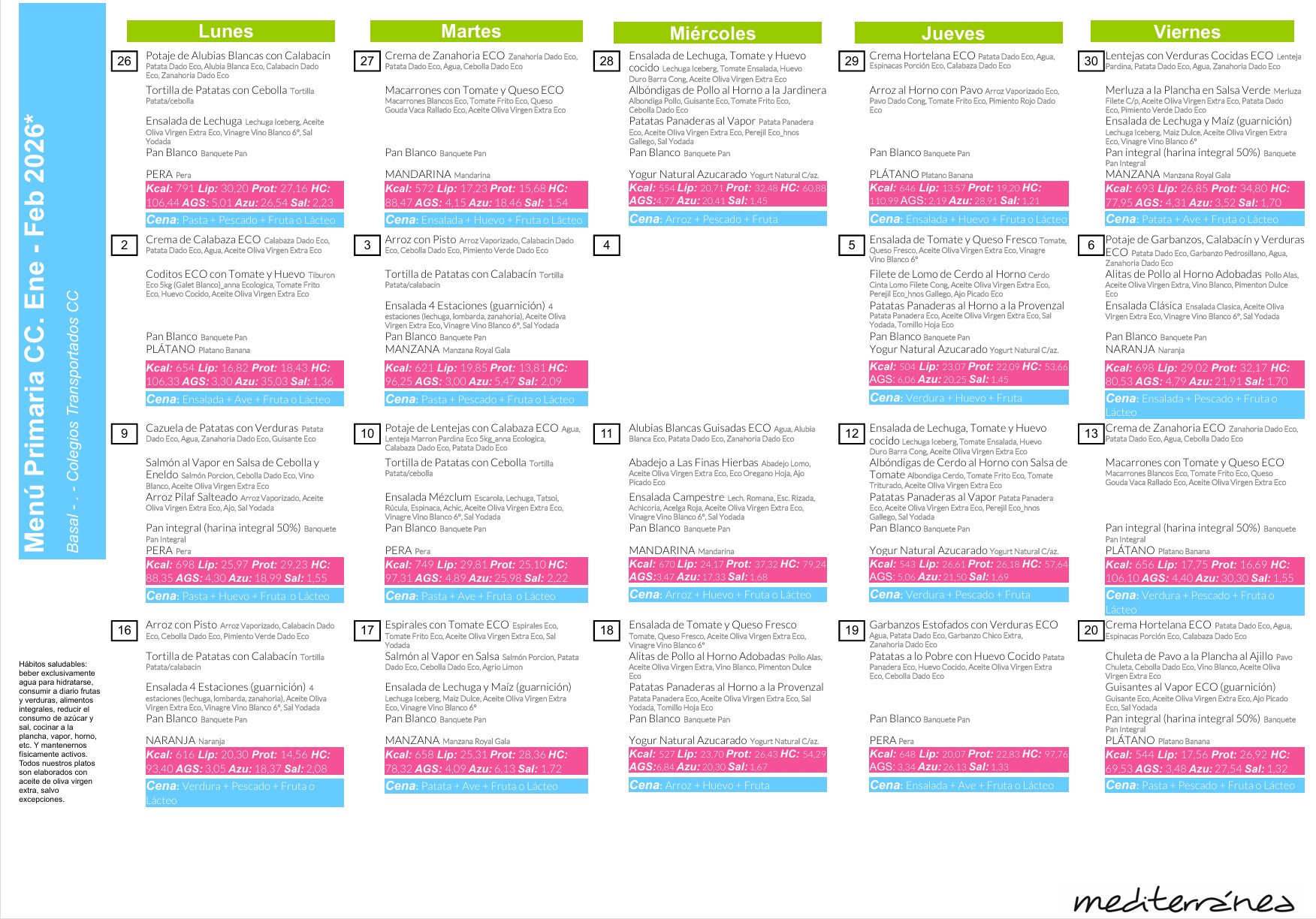 Menú comedor febrero 2026
