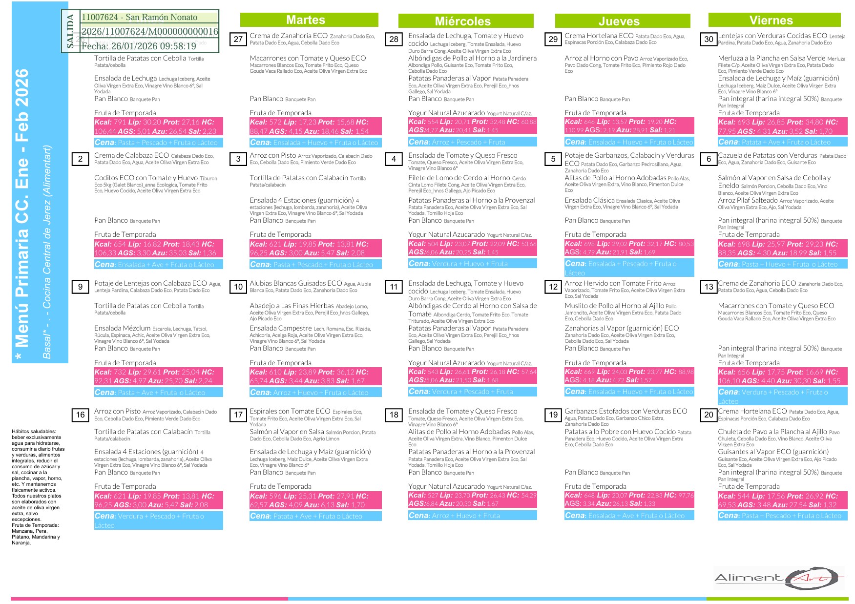 Menú comedor febrero 2026